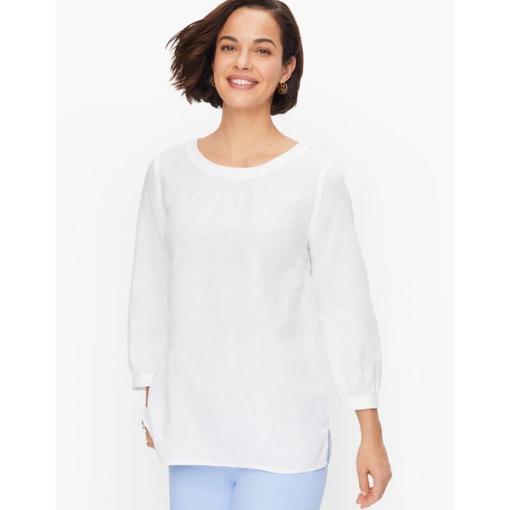 Talbots White Linen Button Back Tunic Blouse Coastal Grandma Minimalist Classic
